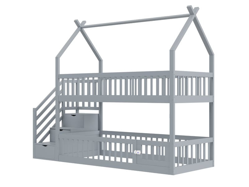  Lit superposé enfant 90x200 cm – gris – escalier sécurisé, tiroirs de rangement pratiques et toit cabane - sans matelas  - Conforama E