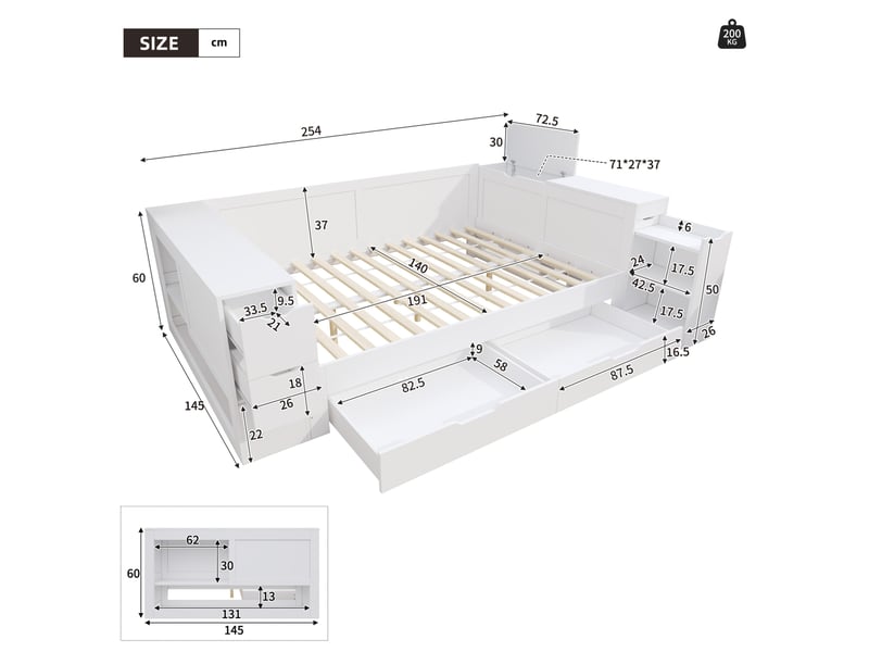  Lit enfant multi 140x190cm, pour chambre, lit 2 place tiroirs, espace de rangement, sommier, en mdf coloris blanc, sans matelas  - Conforama C