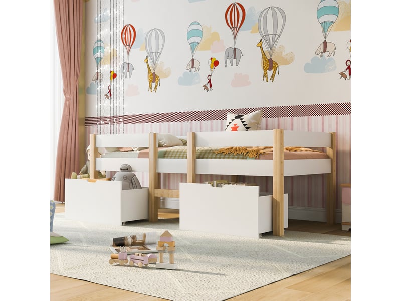  Lit enfant en bois massif blanc et chêne 97x208 cm  - Conforama E