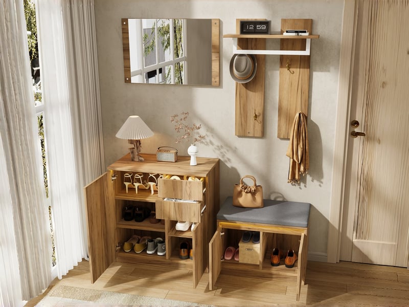  Meuble à chaussures, combinaison de couloir pratique avec miroir, barre, patères, armoire et banc à chaussures, led intégrée, 130x35x124,5 cm, teinte naturelle  - Conforama B