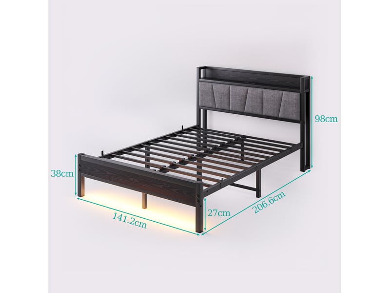 Lit adulte 140 × 190 cm 2 places avec led, usb, tête de lit avec rangement et prise, sans matelas, métal noir - Conforama D