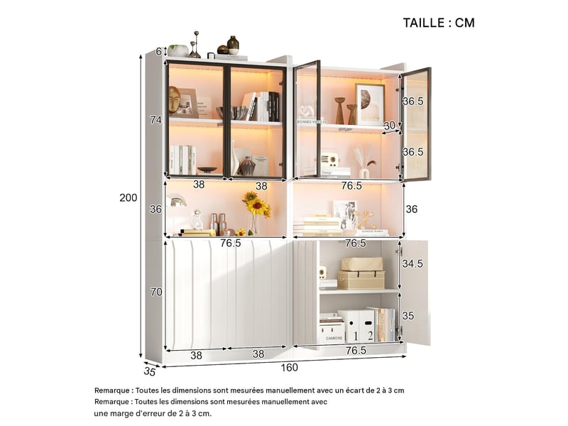  Lot de 2 vitrines avec éclairage led 8 portes verre trempé blanc 160x35x200 cm  - Conforama C