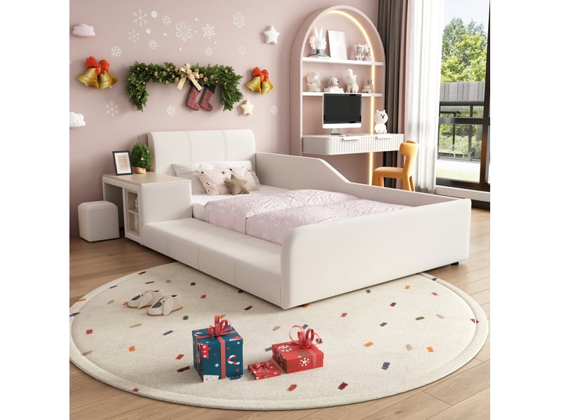  Lit enfant 90x200 cm avec bureau et tabouret, étagère en velours blanc  - Conforama B