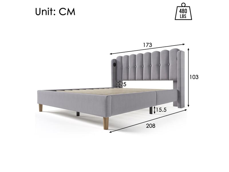  Lit double 160x200cm, port de charge usb, type-c, style épuré, design à boutons, incluant un matelas, lin, gris  - Conforama C