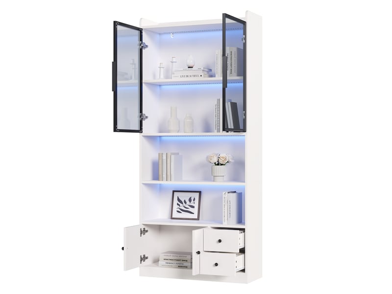  Vitrine avec éclairage led pilotable par application, portes en verre trempé fumé et rangements pour salon, blanche  - Conforama A
