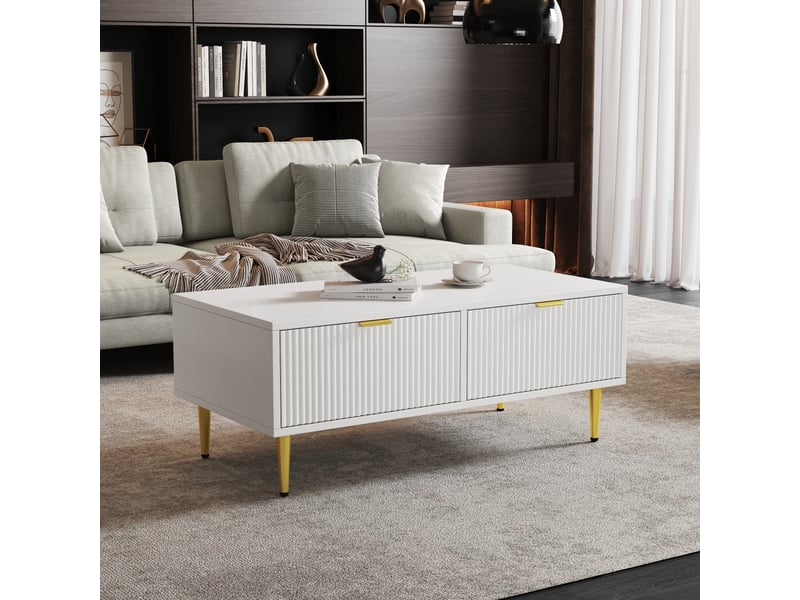  Table basse blanche et or avec 2 tiroirs 100x50x40 cm - design à rayures verticales  - Conforama B