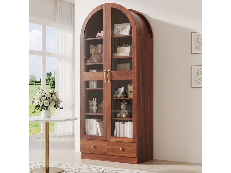  Vitrine bibliothèque haute 76x40x180 cm - sommet arrondi - portes vitrées - 2 tiroirs - mdf et verre - noyer CozyNest - Conforama D