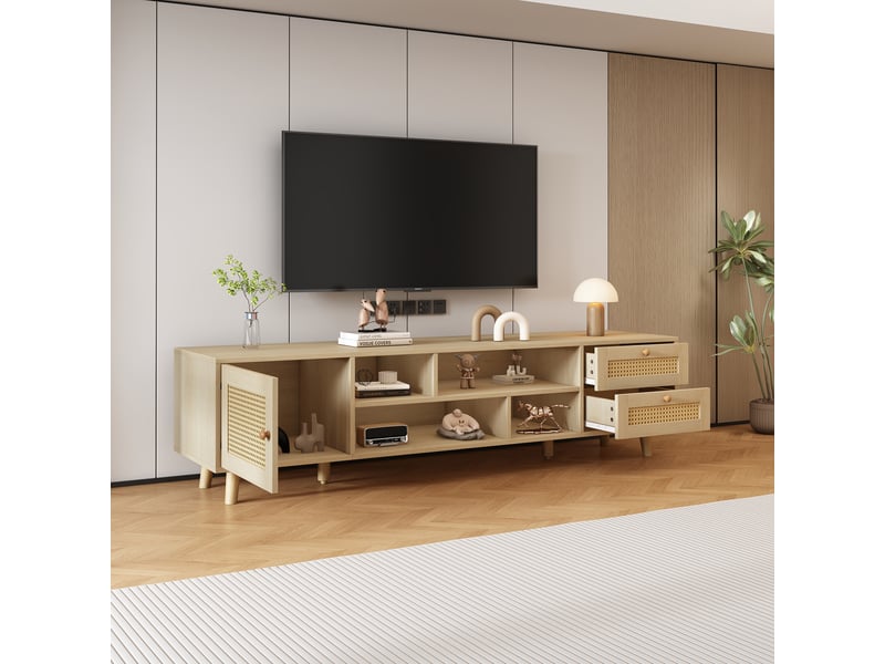  Meuble tv rotin 160 cm pour 70 pouces avec 2 tiroirs et 1 porte, chêne  - Conforama W