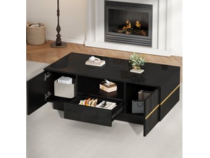 Table basse moderne 100x50x35,5 cm – noir et doré – led, 2 portes, tiroir et rangement ouvert