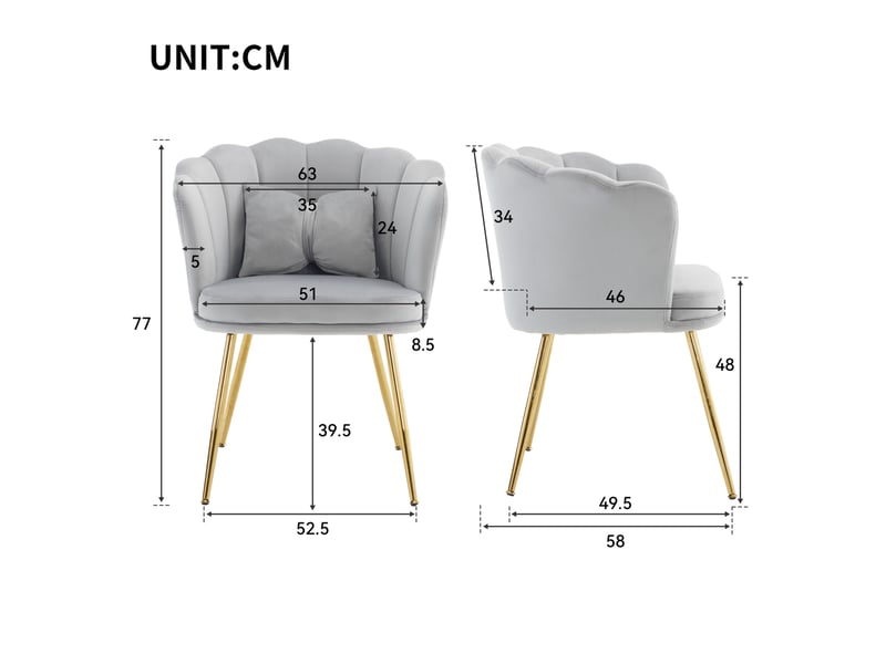 Lot de 6 chaises de salle à manger 63x58x77 cm, dossier pétale, coussin, pieds en métal doré, velours gris - Conforama C