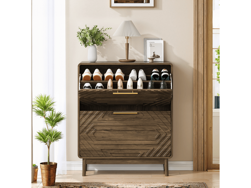  Meuble à chaussures noyer 80 cm, style mid-century, 2 tiroirs basculants avec rangement entrée  - Conforama B