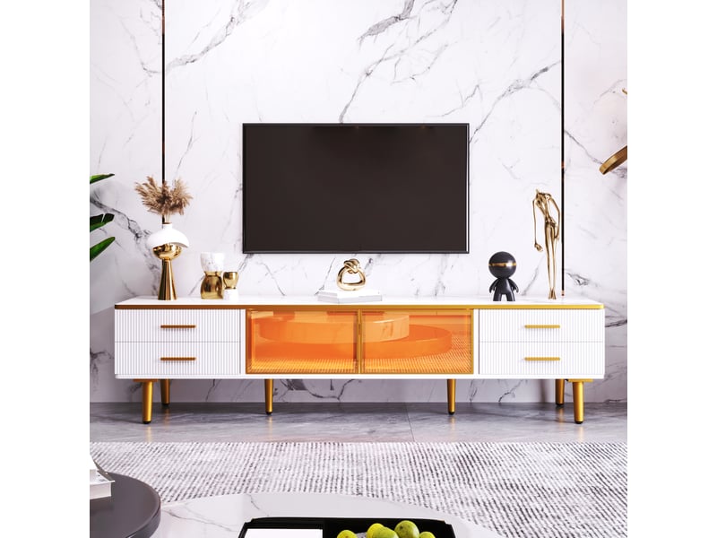  Meuble tv avec 4 tiroirs et 2 portes en verre trempé, led, style marbre pour salon, pb, blanc, 170 x 37 x 47.5 cm  - Conforama C