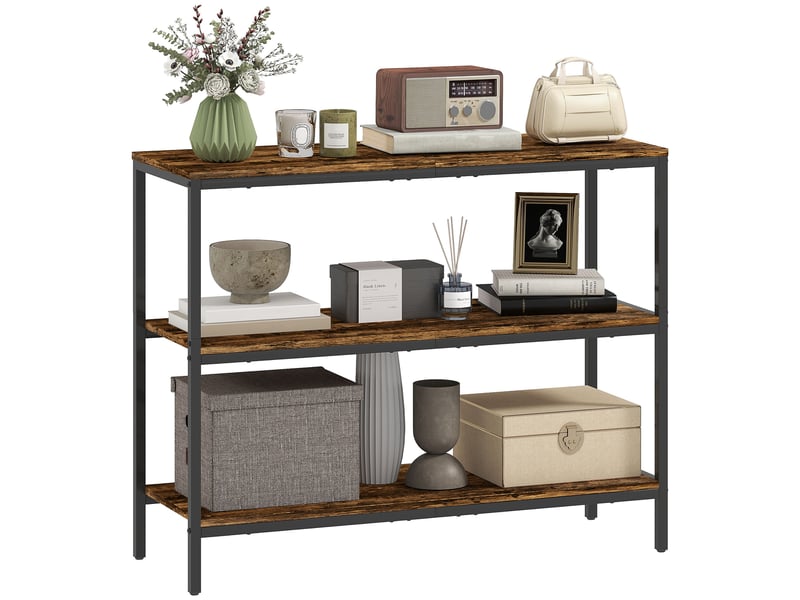  Console, table d'appoint avec étagère à 3 niveaux, panneaux de particules, métal, marron clair  - Conforama A