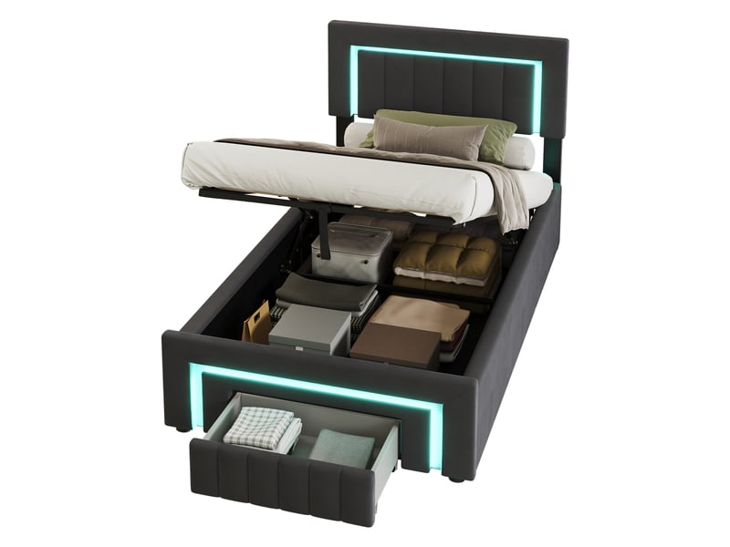Lit coffre 90x200 cm avec led et tiroirs de rangement - boxspring, revêtement en velours gris foncé, structure métal et bois  - Conforama A