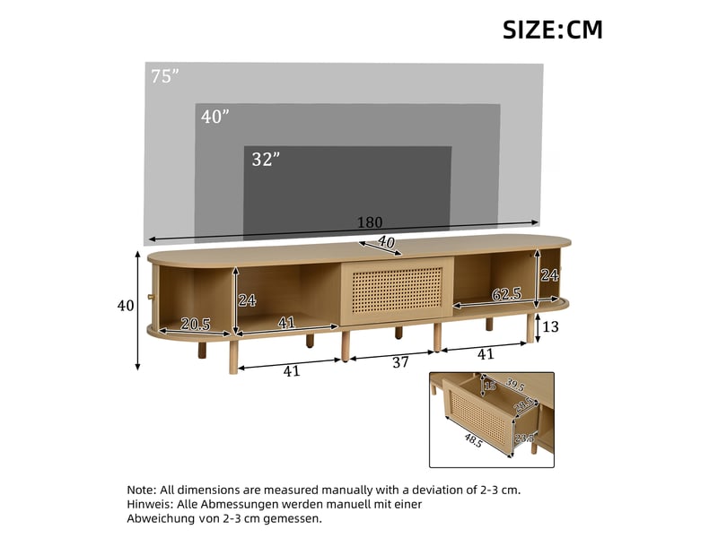Meuble tv 180x40x40 cm - meuble bas arrondi avec porte à rideau et tiroir, mdf, pour tv jusqu’à 75 pouces - bois naturel - Conforama C