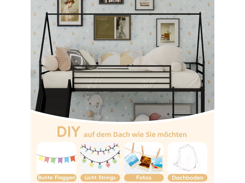  Lit superposé 90x190 cm forme maison avec toboggan, métal, noir, sans matelas  - Conforama R