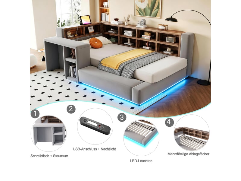 Lit coffre rembourré 90x200 cm – avec rangements led prises et table de chevet – velours – gris foncé CozyNest - Conforama C