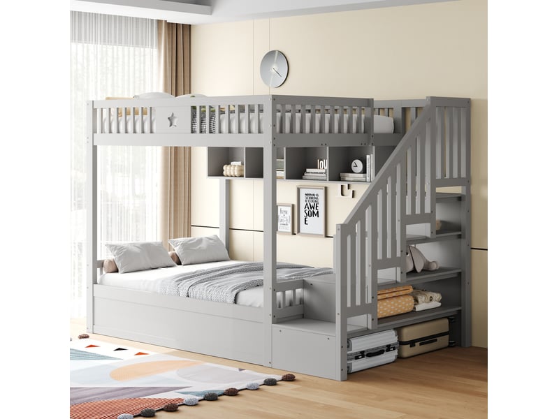 Lit superposé 140x200 cm rangement hydraulique bois gris sans matelas - Conforama B