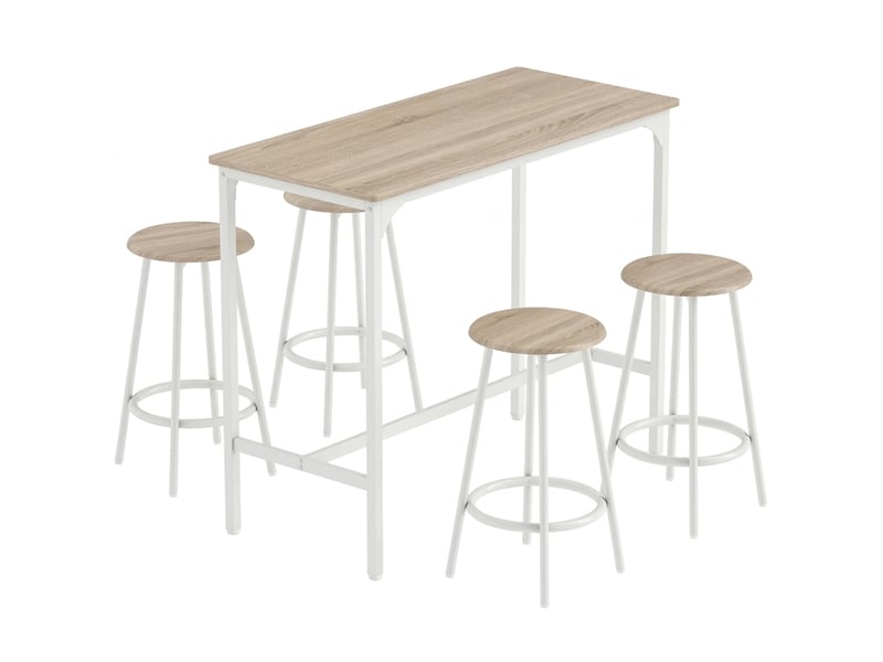  Ensemble table de bar 110x50x89,5 cm et 4 tabourets, style industriel chêne et blanc  - Conforama A