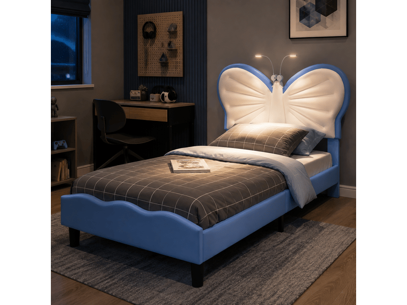 Lit enfant 90x200 avec liseuse, lits 1 personne avec tête de lits réglable en hauteur en forme de papillon, lit capitonné pour fille adolescent, velours, sans matelas (blanc + bleu) - Conforama R