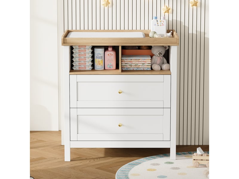  Table à langer avec commode, plateau amovible, tiroirs et niches, 82 x 50 x 90 cm, mdf blanc et naturel  - Conforama W