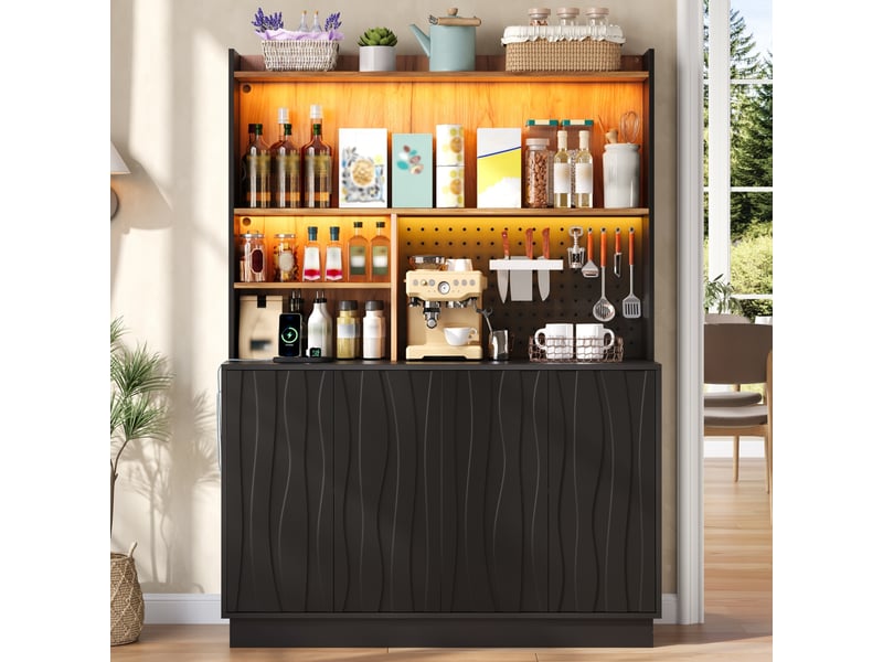 Buffet haut de cuisine 120 x 43 x 160 cm noir et bois, 4 portes, led rgb, prises, usb, panneau perforé et niches ouvertes pour cuisine moderne - Conforama C