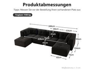 Canapé d’angle modulaire noir 4 places, canapé en u avec méridienne, assise profonde, mousse haute densité et velours côtelé