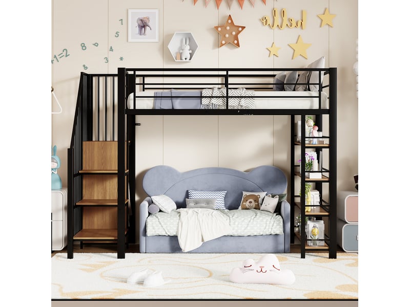 Lit mezzanine enfant 90x200 cm – noir – escalier sécurisé, penderie et étagères – sans matelas - Conforama B