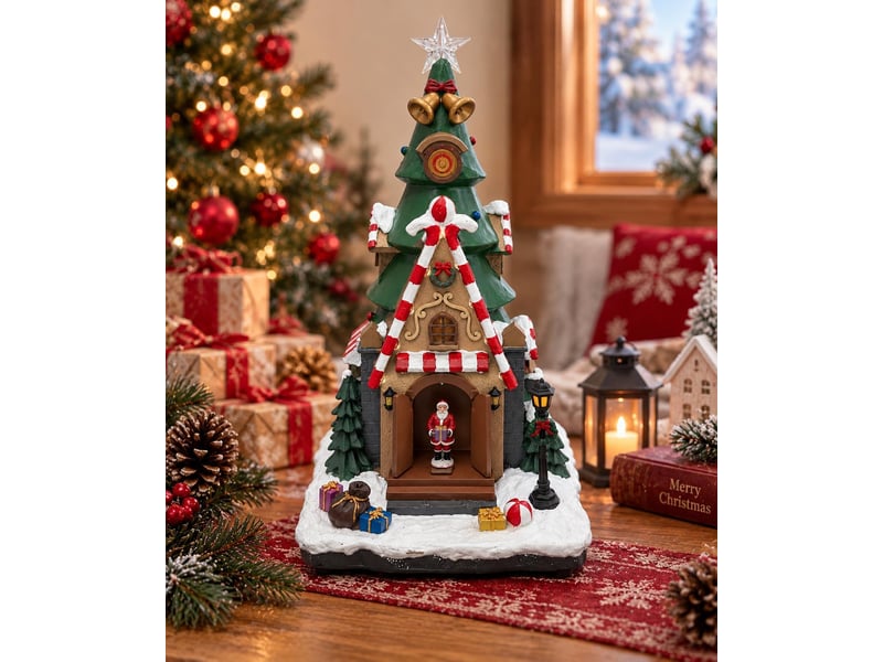  Décoration de noël lumineuse sapin et maison avec père noël del  - Conforama E