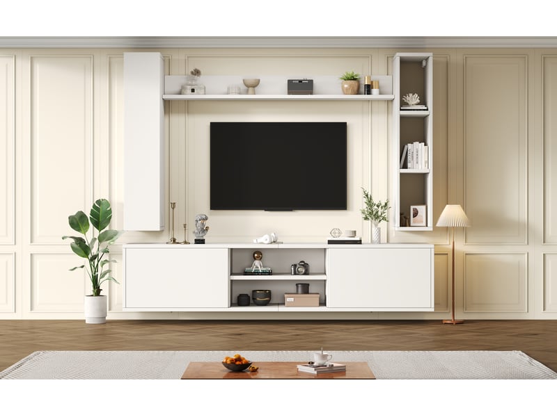  Ensemble de meubles tv 180x35x33.5 cm avec vitrines 4 pièces, étagère sur pied et 2 étagères murales, meuble multimédia comprenant  - Conforama W