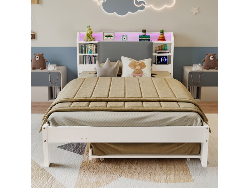 Lit simple 120 × 200 cm avec lit gigogne 90 × 190 cm, led, tête de lit rembourrée et station de charge chambre - Conforama D