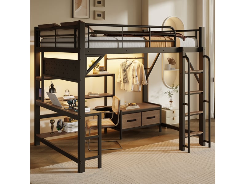 Lit mezzanine 140 × 200 cm 2 places avec bureau, led, usb, étagères et tiroirs, sans matelas, noir - Conforama B