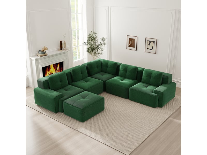  Canapé d’angle modulaire 4 places à assise profonde - lpospi - accoudoirs larges, velours côtelé vert, 295×295×69 cm  - Conforama B