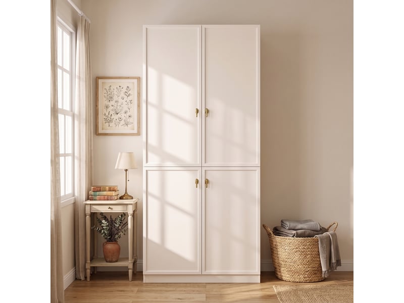  Armoire blanche 90x48x200 cm multifonctionnelle à portes battantes - 2 tringles et 3 compartiments  - Conforama B