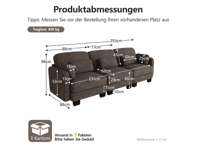  Canapé droit modulable 3 places 253x88x88 cm, coussins lombaires et accoudoirs, chenille, marron  - Conforama C