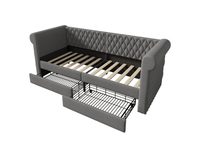  Lit enfant 90x200 cm, lit simple avec 2 tiroirs, cadre de lit avec sommier à lattes en bois et tête de lit, en lin, gris, sans matelas  - Conforama E