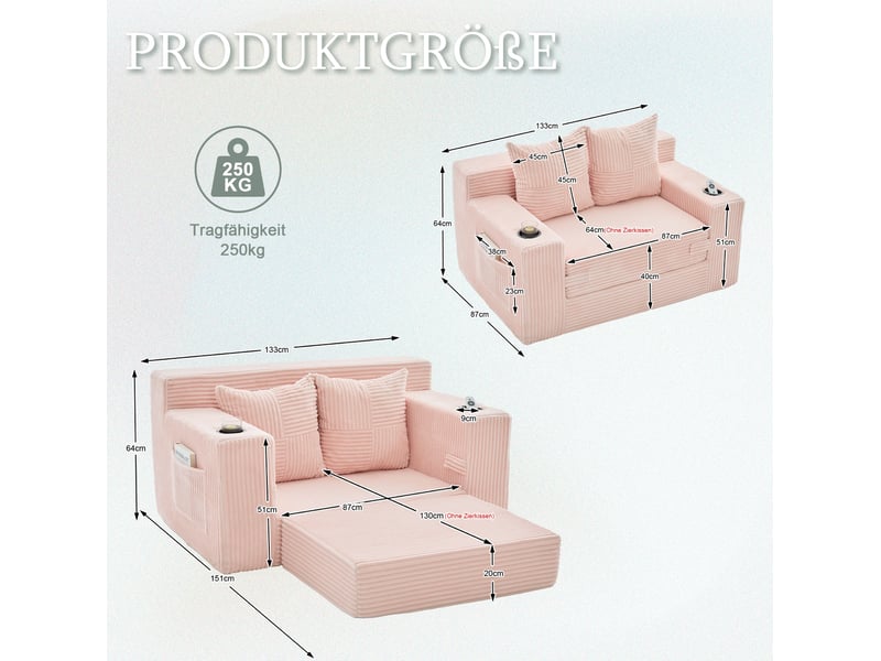  Canapé-lit 2 places 151 x 133 x 64 cm rose en velours côtelé, poches latérales et porte-gobelet  - Conforama C