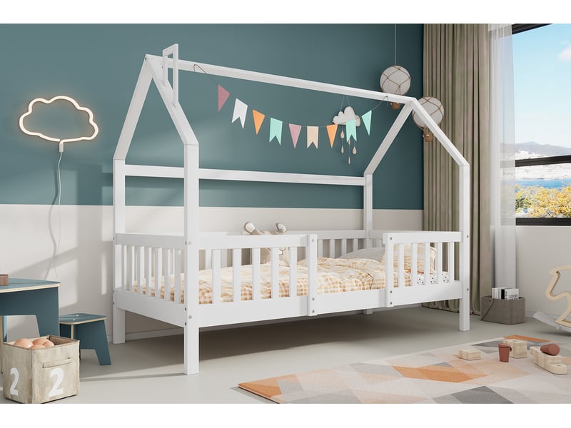  Lit enfant 90x200 cm en forme de cheminée, cadre de lit avec sommier à lattes, lit simple pour enfants et jeunes, blanc  - Conforama E