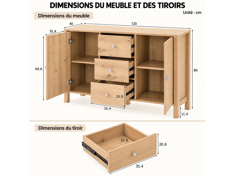  Buffet 120x40x80 cm effet chêne, 2 portes, 3 tiroirs, poignées métal, rangement salon salle à manger  - Conforama C