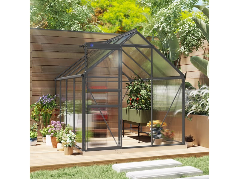  Serre de jardin polycarbonate alu 4,8 m² dim. 2,53l x 1,9l x 1,99h m lucarne réglable fondation porte coulissante gris  - Conforama E
