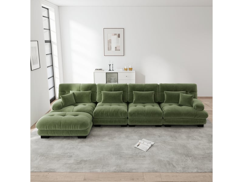 Canapé d'angle, canapé modulable – style cloud, vert, pouf amovible, en chenille, 4 places - Conforama A