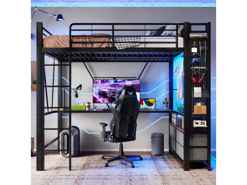  Lit mezzanine 90x200cm coloris noir led métal lit enfant noir - Conforama B