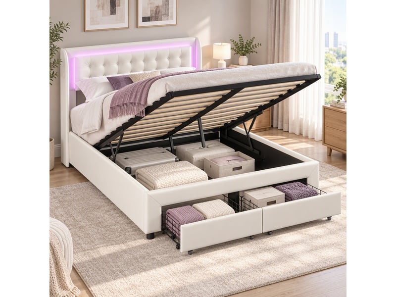  Lit coffre 2 places 180x200 cm avec tête de lit, lit adulte, 2 tiroirs, rangement, led, design européen, velours beige  - Conforama B