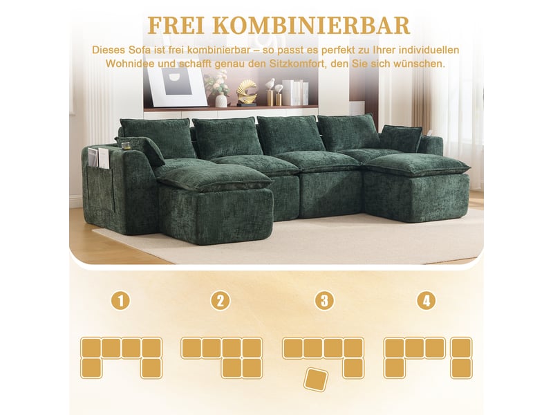 Canapé modulable 4 places 322x161x75 cm vert en chenille, 2 poufs, coussins, porte-gobelets, 2 poches, assise mousse et ressorts - Conforama C