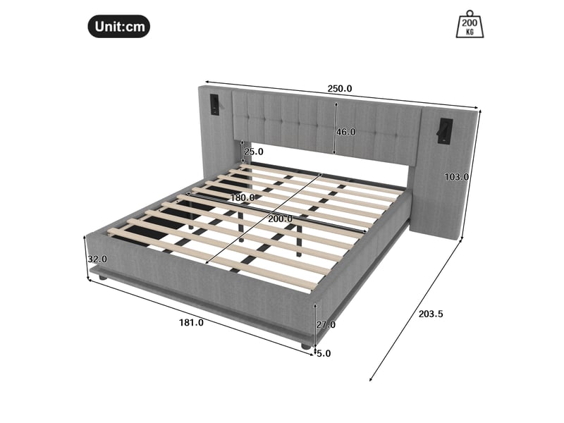 Lit rembourré 180 x 200 cm gris en lin avec led, spots et usb, sans matelas - Conforama E