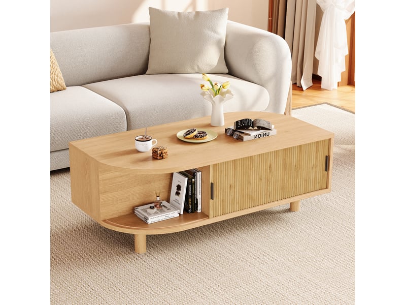  Table basse 100x50x35 cm coloris bois naturel avec portes à rideau  - Conforama B