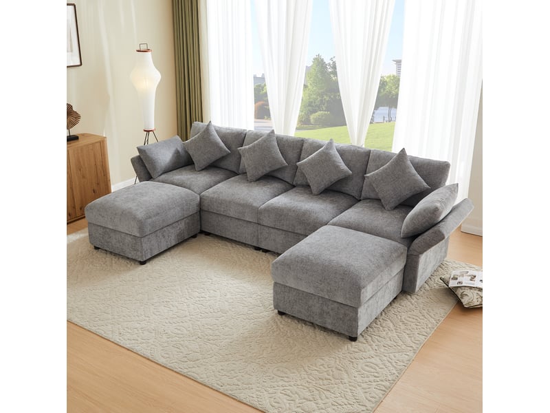  Canapé d'angle droit modulable en chenille avec accoudoirs réglables et 2 poufs, gris  - Conforama B