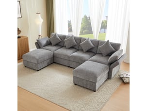 Canapé d'angle droit modulable en chenille avec accoudoirs réglables et 2 poufs, gris