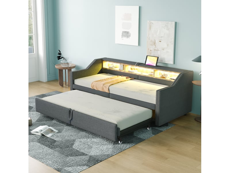  Modenvie canapé lit gigogne 90180x200 cm - avec rangement latéral, led et port usb, avec 2 matelas ressorts - gris  - Conforama D