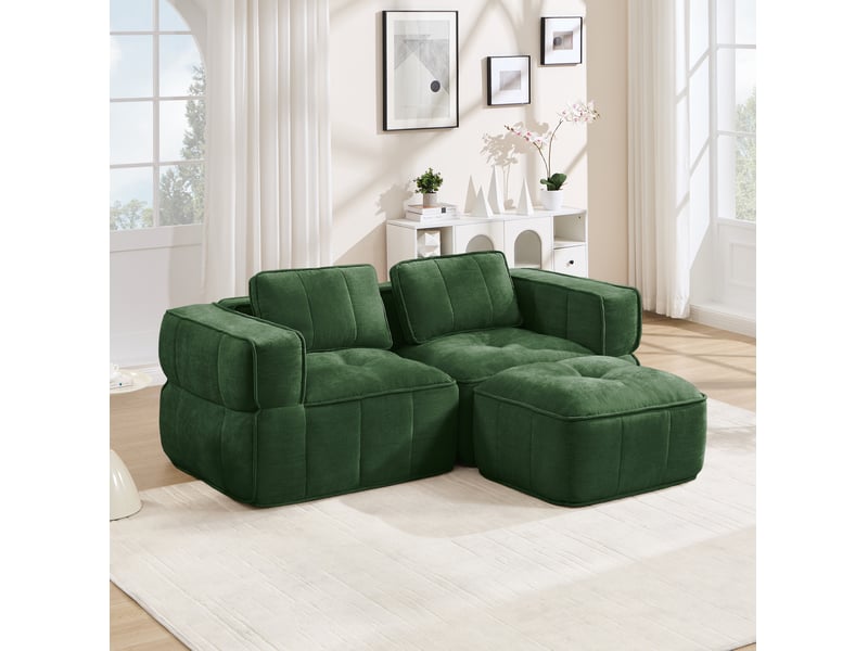  Canapé modulable 2 places modenvie en l sans cadre avec pouf, 198 x 162 x 67 cm, mousse haute densité 32d, tissu polyester vert  - Conforama D